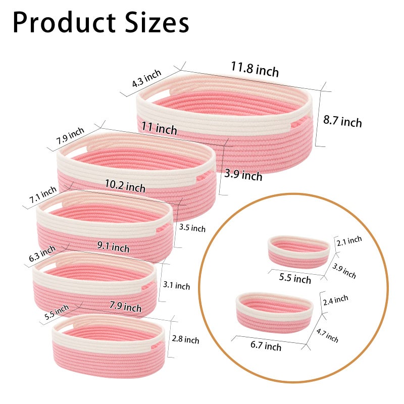 HLWDFLZ 7 Piece Cotton Rope Woven Basket Set - Small Basket for Baby Nursery, Pets, Montessori, Dog & Cat Toy Boxes, Bathroom Organization Bins (White/Pink) - Image 2